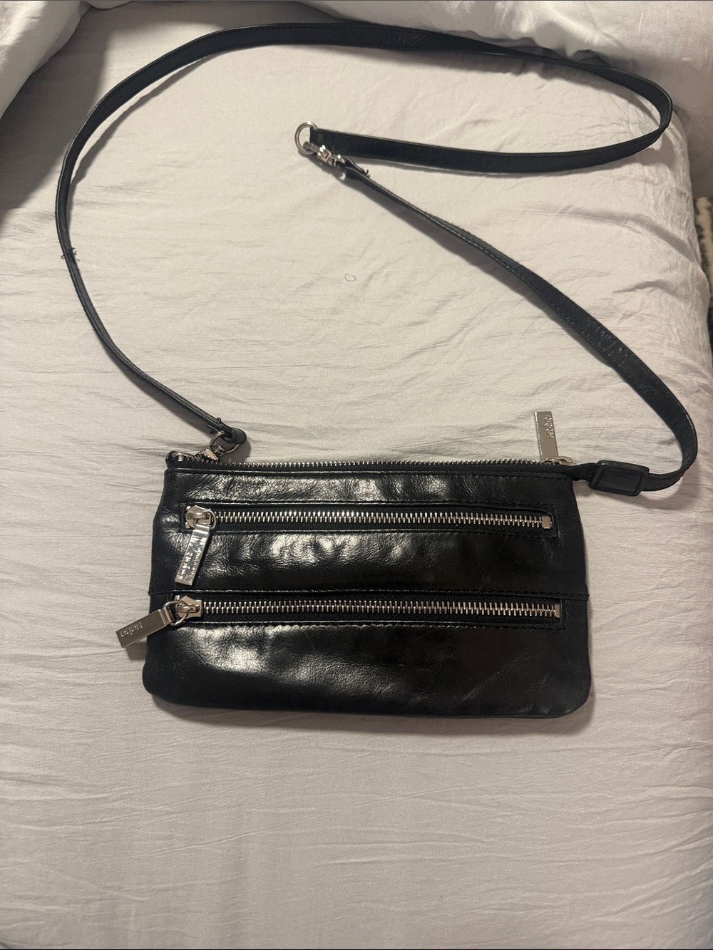 Hobo Black Leather Crossbody Wristlet with Dual Zip Pockets